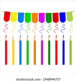 Carnival colored garland decorated with colored pencils white background. Multi-colored pencils, strokes, festive bunting. Template for children's creativity. Vector illustration in cartoon style	