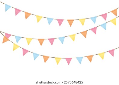 Carnival colored garlands and bunting. Festive triangle flags on rope for decoration of party, holiday, event, festive, celebration. Colorful pennants for banner, flyer, template Vector design element