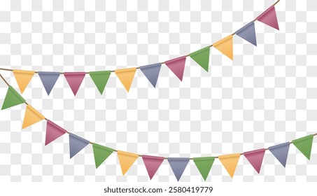 Carnival colored garlands and bunting. Festive triangle flags on rope for decoration of party, holiday, event, festive, celebration. Colorful pennants for banner, flyer, template Vector design element