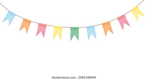 Carnival colored garlands and bunting. Festive flags on rope for decoration of party, holiday, event, festive, celebration. Colorful pennants for banner, flyer, template Vector design element