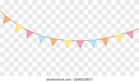 Carnival colored garlands and bunting. Festive triangle flags on rope for decoration of party, holiday, event, festive, celebration. Colorful pennants for banner, flyer, template Vector design element