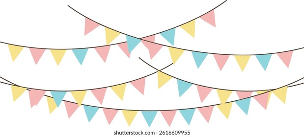 Carnival colored garlands and bunting. Festive triangle flags on rope for decoration of party, holiday, event, festive, celebration. 