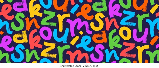 Carnival colorful alphabet letters seamless pattern. Hand drawn childish style typography banner design. Playful joyful kid's style letters. Multi colored sans serif characters.