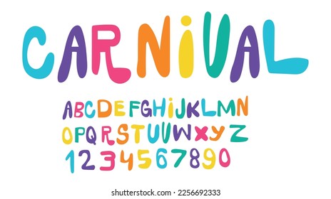 Carnival colorful alphabet, playful letters, funny festival font for bright fiesta logo, mexican headline, birthday and greeting card typography, thank you phrases. Vector typographic design.