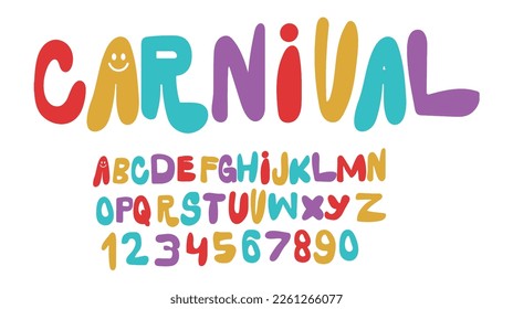 Alfabeto colorido carnavalero, letras lúdicas, tipografía divertida del festival para el logo de una fiesta brillante, titular mexicano, cumpleaños y tipografía de tarjetas de felicitación, gracias frases. Diseño tipográfico vectorial.