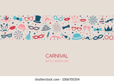 Carnival - colorful banner with funny icons. Vector.