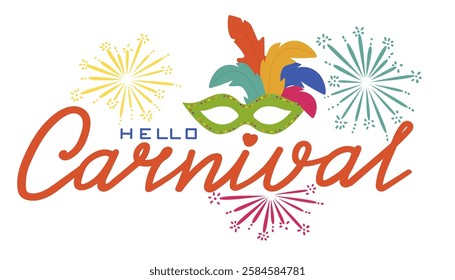 Carnival colorful logo. Playful letters, carnival mask and fireworks, bright logotype. Hand drawn vector.