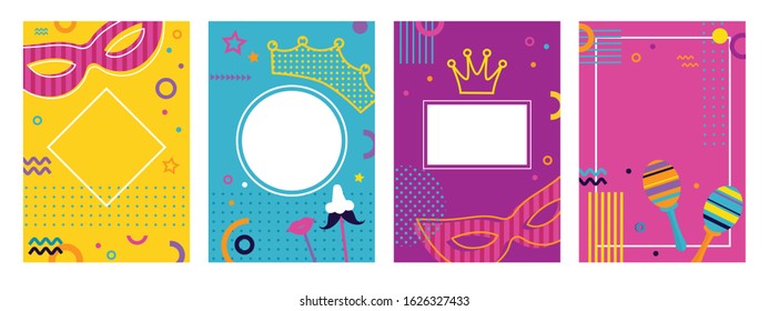 Carnival colorful posters set, flyer or invitation. Funfair funny tickets design with mask and crown on colorful modern geometric background in memphis 80s style