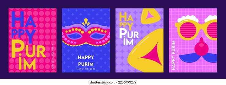 Carnival colorful posters set, flyer or invitation. Funfair funny design with mask and crown in modern geometric background in modern colorful style