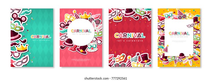 Carnival colorful posters set, flyer or invitation. Vector illustration. Funfair funny tickets design with pattern and emblem. Place for your text message.