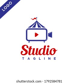 A Carnival Combination Logo with Television and Symbol Play, Suitable for Company Logos Engaged in Carnival, Video Maker, Podcast, Cinema, Film, and More.
