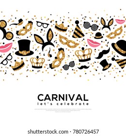 Carnival Concept Banner with carnaval Gold and Black Icons on white background. Vector Flat Illustration. Place for your text. Photo Booth Party Elements in Border.