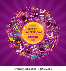 Carnival Concept Banner With Carnaval Icons On Shiny Purple Background. Vector Flat Illustration. Circle Frame Or Emblem With Template For Your Text. Photo Booth Party Elements.