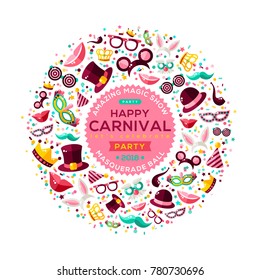 Carnival Concept Banner with carnaval Icons Isolated on white background. Vector Flat Illustration. Circle Frame or Emblem with template for your text. Photo Booth Party Elements.