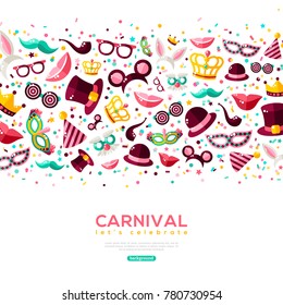 Carnival Concept Banner with carnaval Icons Isolated on white background. Vector Flat Illustration. Place for your text. Photo Booth Party Elements in Border.