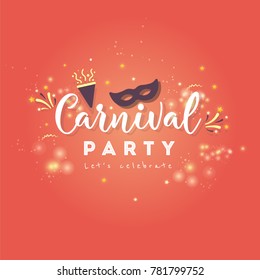 Carnival Concept Banner with mask, stars, firework Icons on shiny red background.