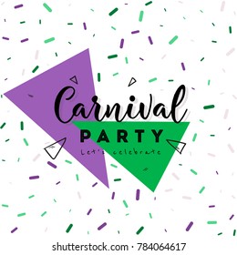 Carnival Concept Banner with mask, stars, firework Icons on shiny red background.