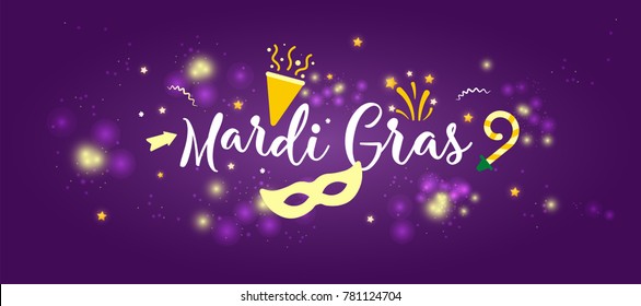 Carnival Concept Banner with stars, mask, icons. Mardi gras beads and garlands