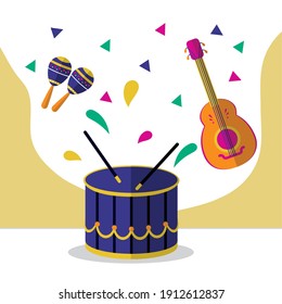 carnival concept, drum, guitar and maracas over white background, colorful design, vector illustration