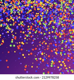 Carnival Confetti. Carnaval Party Background. Sylvester Design. Rainbow Birthday Poster. Isolated Masquerade Border with Falling Round Dots. Colorful Anniversary Banner on Purple Backdrop.