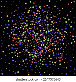 Carnival Confetti. Carnaval Party Background. Rainbow Birthday Poster. Sylvester Design. Multicolored Color Anniversary Banner on Black Backdrop. Isolated Masquerade Border with Falling Round Dots.