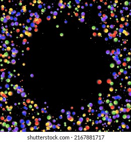 Carnival Confetti. Carnaval Party Background. Rainbow Birthday Poster. Isolated Masquerade Border with Falling Round Dots. Multicolored Color Anniversary Banner on Black Backdrop. Sylvester Design.