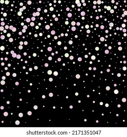 Carnival Confetti. Carnaval Party Background. Isolated Masquerade Border with Falling Round Dots. Holo Color Anniversary Banner on Black Backdrop. Rainbow Birthday Poster. Sylvester Design.
