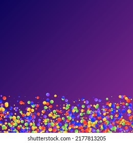 Carnival Confetti. Carnaval Party Background. Colorful Anniversary Banner on Purple Backdrop. Sylvester Design. Rainbow Birthday Poster. Isolated Masquerade Border with Falling Round Dots.