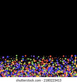Karneval Confetti. Carnaval Party-Hintergrund. Einzeln Masquerade-Grenze mit Falling Round Dots. Mehrfarbiges Farbanfang-Banner auf schwarzem Hintergrund. Sylvester Design. Rainbow Birthday Poster.