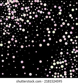Carnival Confetti. Carnaval Party Background. Rainbow Birthday Poster. Iridescent Color Anniversary Banner on Black Backdrop. Isolated Masquerade Border with Falling Round Dots. Sylvester Design.