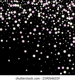 Carnival Confetti. Carnaval Party Background. Foil Color Anniversary Banner on Black Backdrop. Sylvester Design. Isolated Masquerade Border with Falling Round Dots. Rainbow Birthday Poster.
