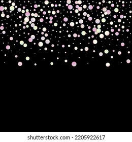 Karneval Confetti. Carnaval Party-Hintergrund. Einzeln Masquerade-Grenze mit Falling Round Dots. Sylvester Design. Rainbow Birthday Poster. Neon Color Jubiläumsbanner auf schwarzem Hintergrund.