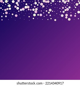 Carnival Confetti. Carnaval Party Background. Isolated Masquerade Border with Falling Round Dots. Sylvester Design. Holographic Color Anniversary Banner on Purple Backdrop. Rainbow Birthday Poster.