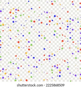 Karneval Confetti. Carnaval Party-Hintergrund. Sylvester Design. Rainbow Birthday Poster. Rotes, blaues, grünes, orangefarbenes Banner auf transparentem Hintergrund. Einzeln Masquerade-Grenze mit Falling Round Dots.