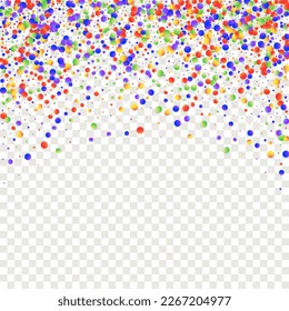 Carnival Confetti. Carnaval Party Background. Isolated Masquerade Border with Falling Round Dots. Sylvester Design. Rainbow Birthday Poster. Red, Blue, Green, Orange Banner on Transparent Backdrop.