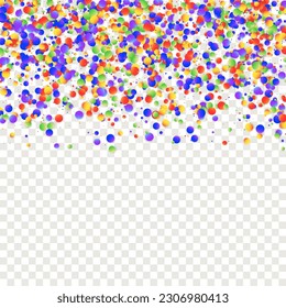 Carnival Confetti. Carnaval Party Background. Rainbow Birthday Poster. Isolated Masquerade Border with Falling Round Dots. Sylvester Design. Red, Blue, Green, Orange Banner on Transparent Backdrop.