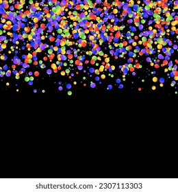 Carnaval Confetti. Antecedentes del Partido Carnaval. Banner multicolor a Aniversario de Colores sobre fondo negro. Sylvester Design. Afiche del cumpleaños del arcoiris. Borde de Mascarada Aislada con puntos redondos caídos.