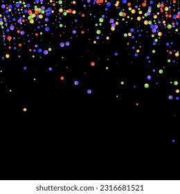 Carnival Confetti. Carnaval Party Background. Isolated Masquerade Border with Falling Round Dots. Rainbow Birthday Poster. Multicolored Color Anniversary Banner on Black Backdrop. Sylvester Design.