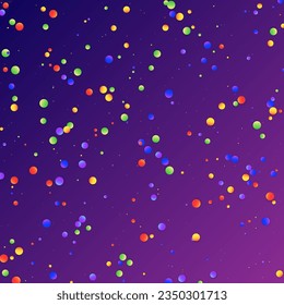 Carnival Confetti. Carnaval Party Background. Isolated Masquerade Border with Falling Round Dots. Colorful Anniversary Banner on Purple Backdrop. Rainbow Birthday Poster. Sylvester Design.