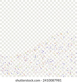 Karneval Confetti. Carnaval Party-Hintergrund. Rainbow Birthday Poster. Rotes, blaues, grünes, orangefarbenes Banner auf transparentem Hintergrund. Sylvester Design. Einzeln Masquerade-Grenze mit Falling Round Dots.