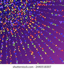 Carnival Confetti. Carnaval Party Background. Rainbow Birthday Poster. Sylvester Design. Colorful Anniversary Banner on Purple Backdrop. Isolated Masquerade Border with Falling Round Dots.