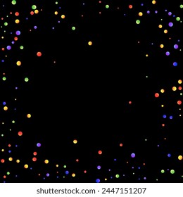 Carnival Confetti. Carnaval Party Background. Rainbow Birthday Poster. Sylvester Design. Multicolored Color Anniversary Banner on Black Backdrop. Isolated Masquerade Border with Falling Round Dots.