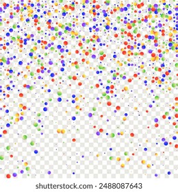 Carnival Confetti. Carnaval Party Background. Rainbow Birthday Poster. Isolated Masquerade Border with Falling Round Dots. Red, Blue, Green, Orange Banner on Transparent Backdrop. Sylvester Design.