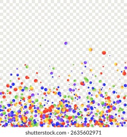 Carnival Confetti. Carnaval Party Background. Red, Blue, Green, Orange Banner on Transparent Backdrop. Sylvester Design. Rainbow Birthday Poster. Isolated Masquerade Border with Falling Round Dots.