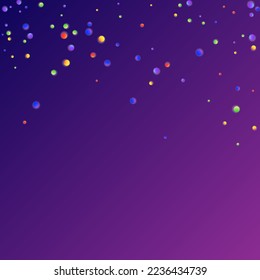 Carnival Confetti. Colorful Anniversary Banner on Purple Backdrop. Sylvester Design. Isolated Masquerade Border with Falling Round Dots. Carnaval Party Background. Rainbow Birthday Poster.