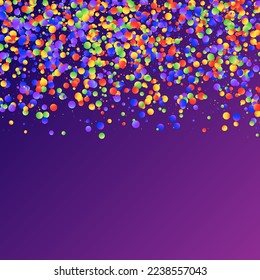 Carnival Confetti. Colorful Anniversary Banner on Purple Backdrop. Sylvester Design. Isolated Masquerade Border with Falling Round Dots. Rainbow Birthday Poster. Carnaval Party Background.