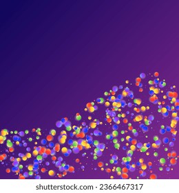 Carnival Confetti. Colorful Anniversary Banner on Purple Backdrop. Carnaval Party Background. Rainbow Birthday Poster. Isolated Masquerade Border with Falling Round Dots. Sylvester Design.
