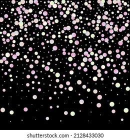 Carnival Confetti. Foil Color Anniversary Banner on Black Backdrop. Carnaval Party Background. Sylvester Design. Rainbow Birthday Poster. Isolated Masquerade Border with Falling Round Dots.