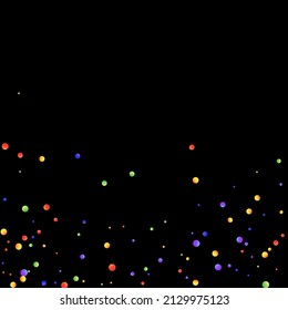Carnival Confetti. Isolated Masquerade Border with Falling Round Dots. Carnaval Party Background. Multicolored Color Anniversary Banner on Black Backdrop. Rainbow Birthday Poster. Sylvester Design.