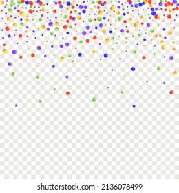 Carnival Confetti. Isolated Masquerade Border with Falling Round Dots. Sylvester Design. Red, Blue, Green, Orange Banner on Transparent Backdrop. Rainbow Birthday Poster. Carnaval Party Background.